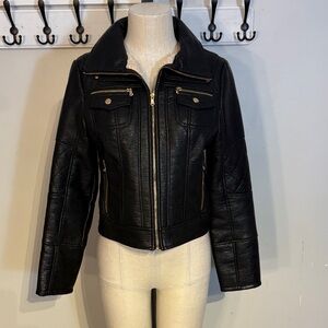 Guess Black Faux Leather Moto Jacket with Gold Accents